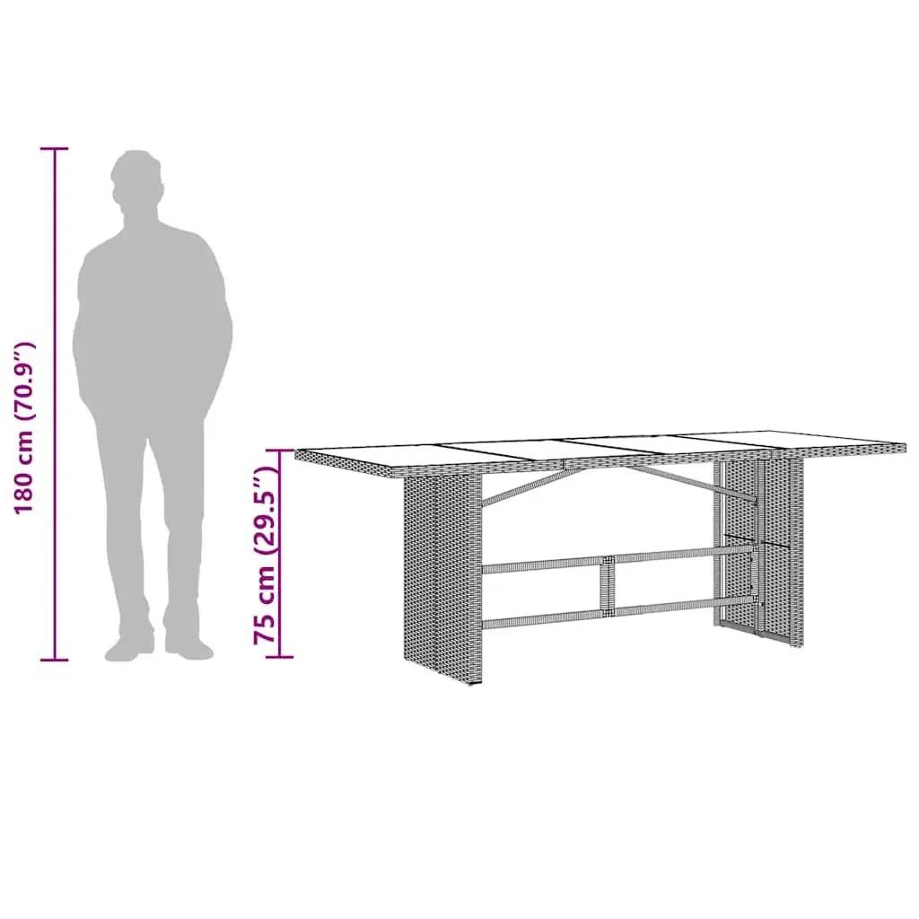 Garden Table PE Rattan Frame Tempered Glass Top Brown 190L x 80W x 75H cm