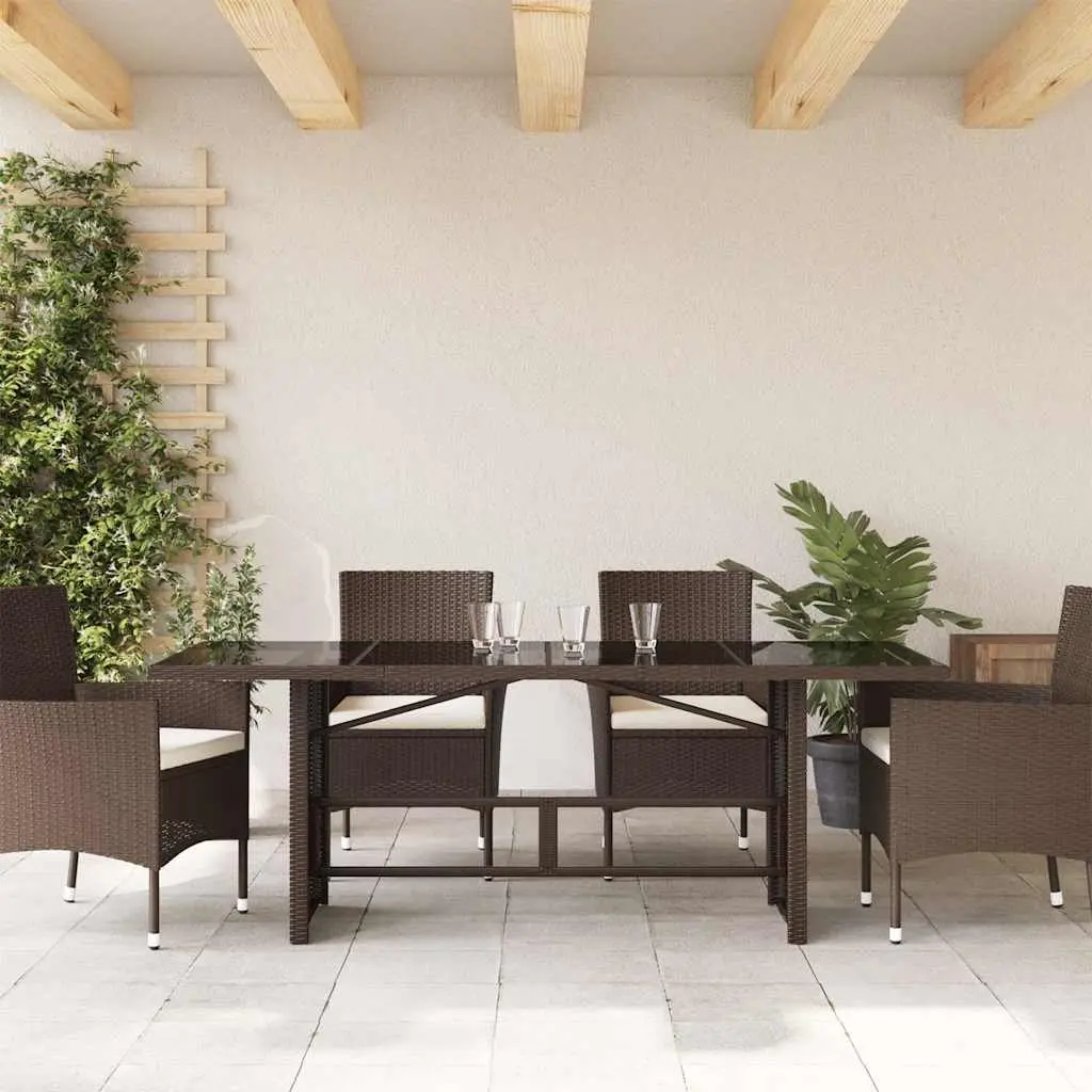 Garden Table PE Rattan Frame Tempered Glass Top Brown 190L x 80W x 75H cm