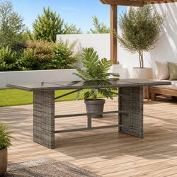Durable Grey Poly Rattan Garden Table with Glass Top