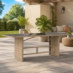 Beige Garden Table with Glass Top for Outdoor Spaces