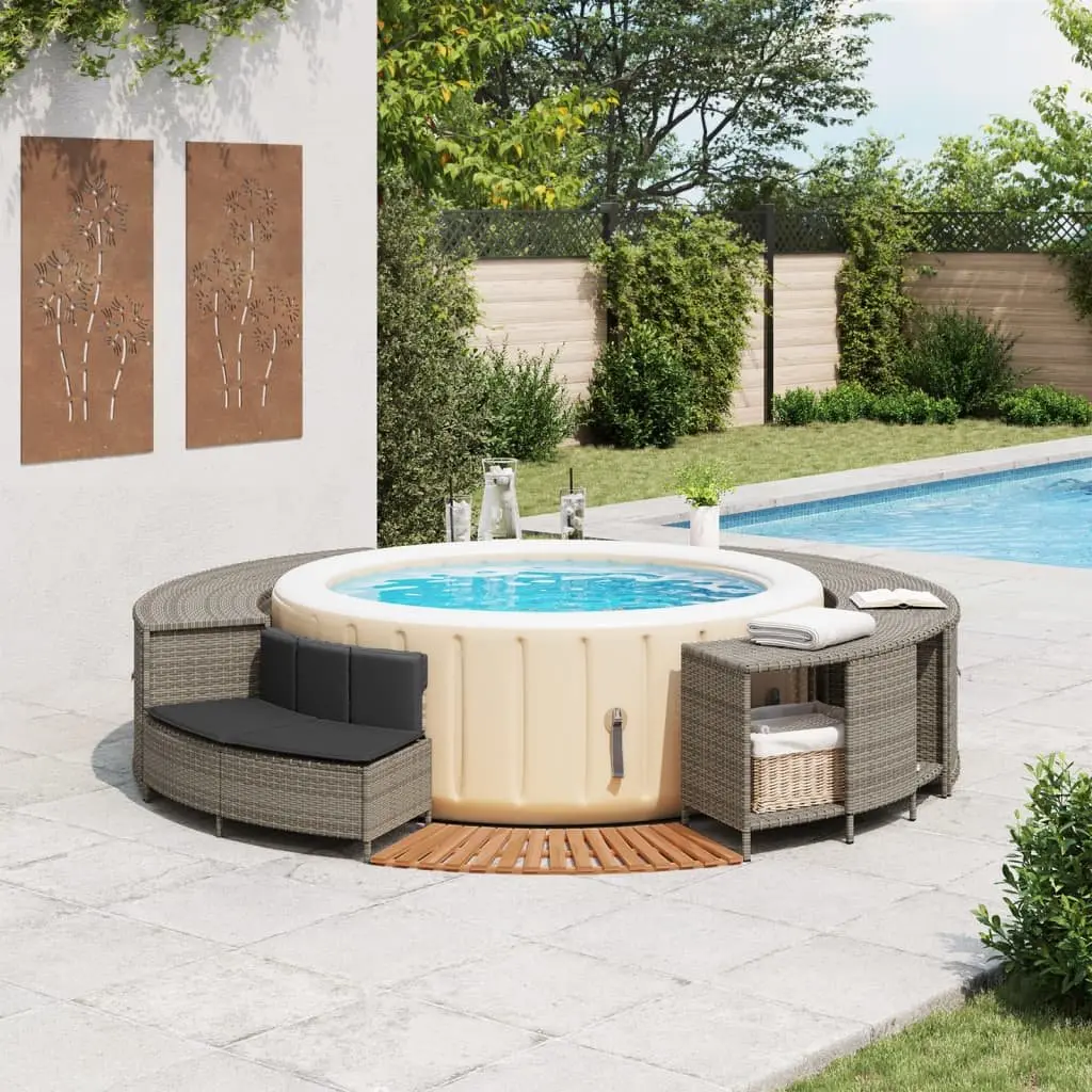Hot Tub Surround Poly Rattan Grey Storage Rack Step Garden Bench