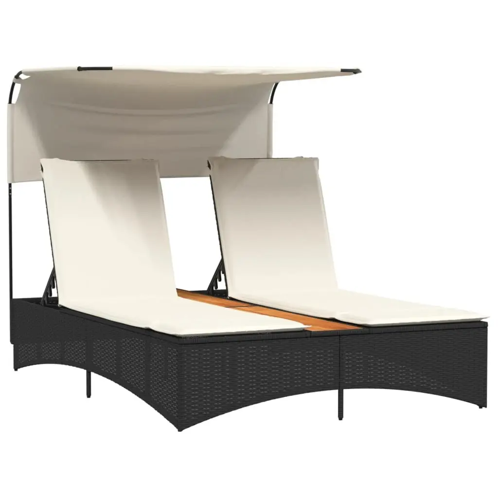 Double Sun Lounger PE Rattan Black with Canopy Cushions