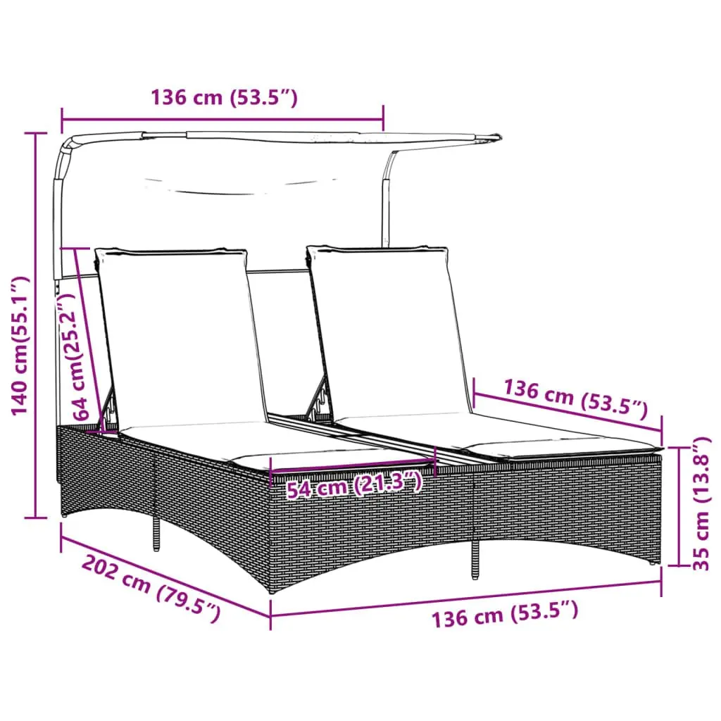 Double Sun Lounger PE Rattan Black with Canopy Cushions
