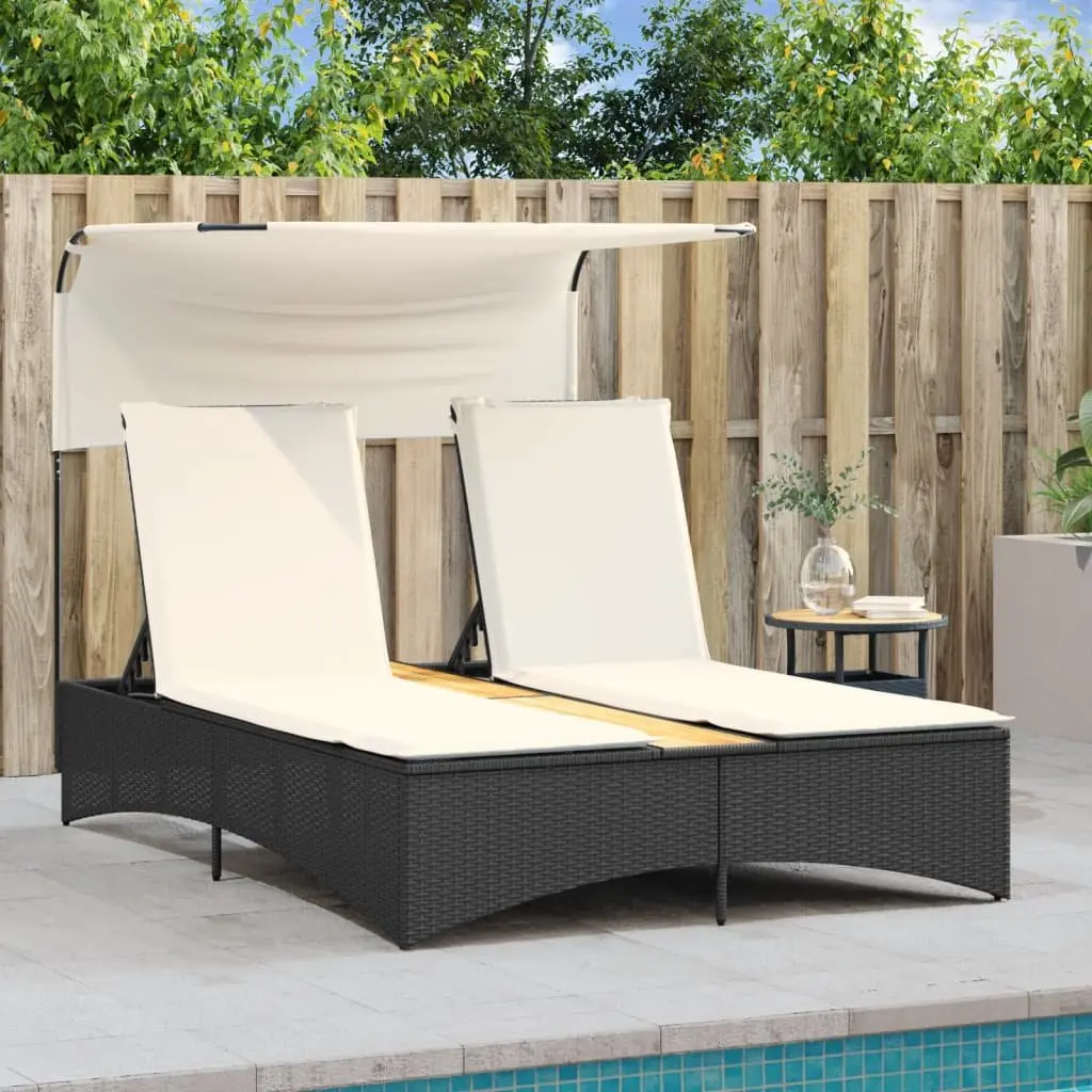 Double Sun Lounger PE Rattan Black with Canopy Cushions