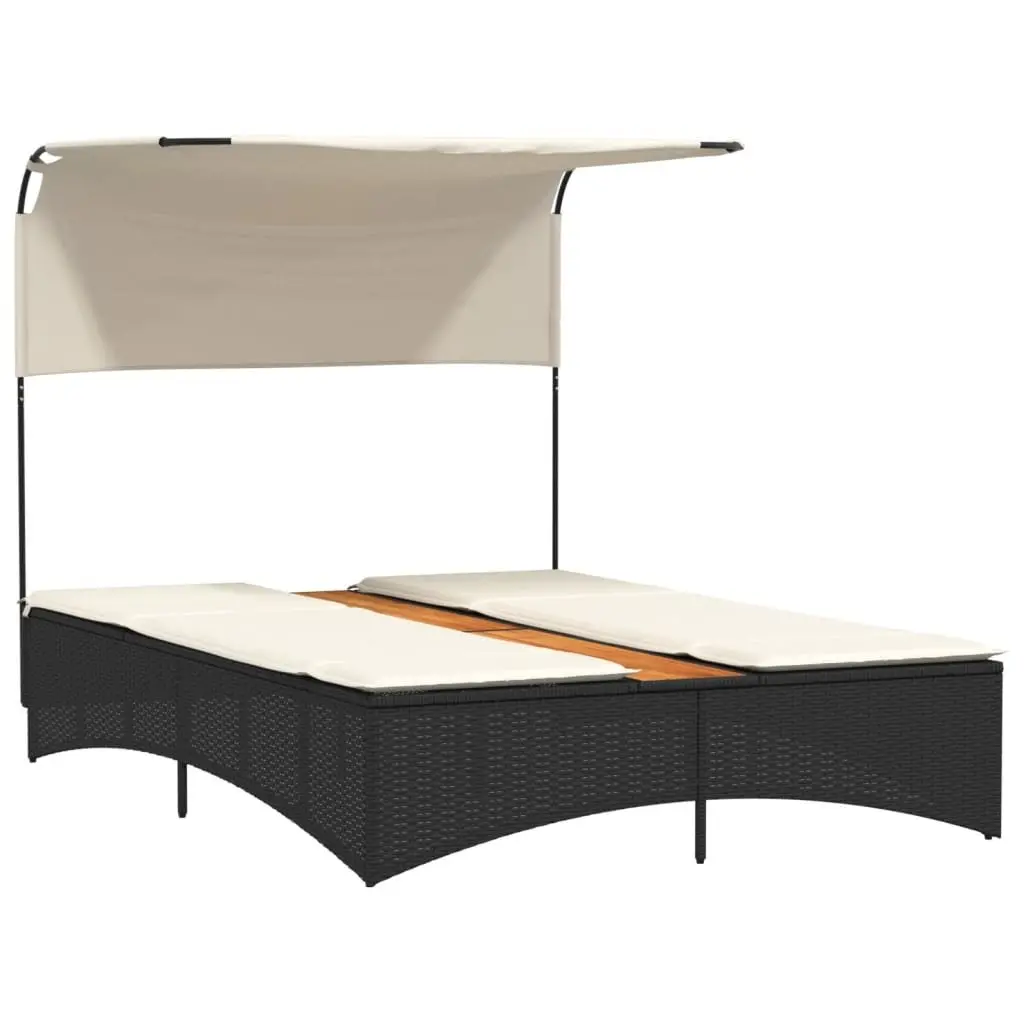 Double Sun Lounger PE Rattan Black with Canopy Cushions