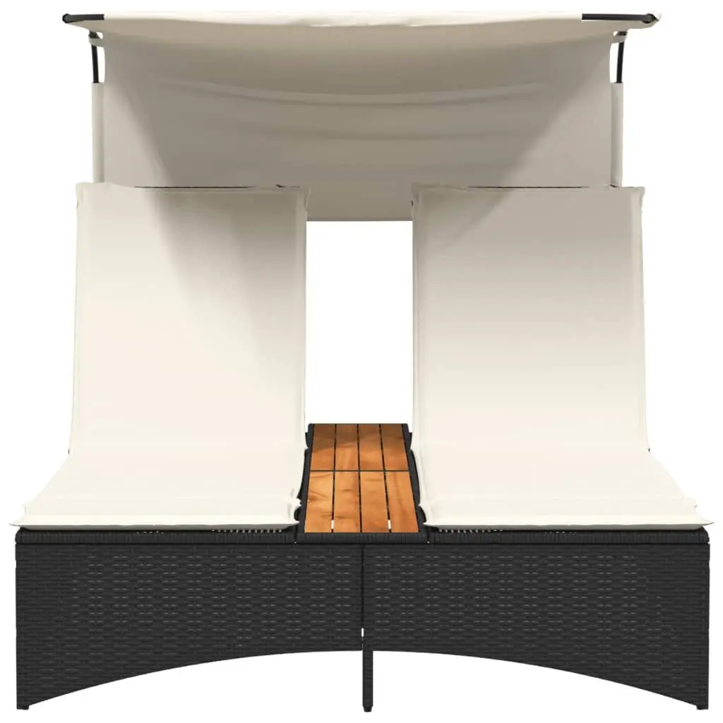 Double Sun Lounger PE Rattan Black with Canopy Cushions