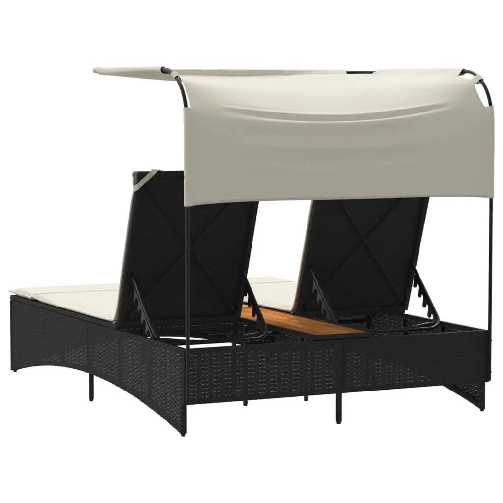 Double Sun Lounger PE Rattan Black with Canopy Cushions