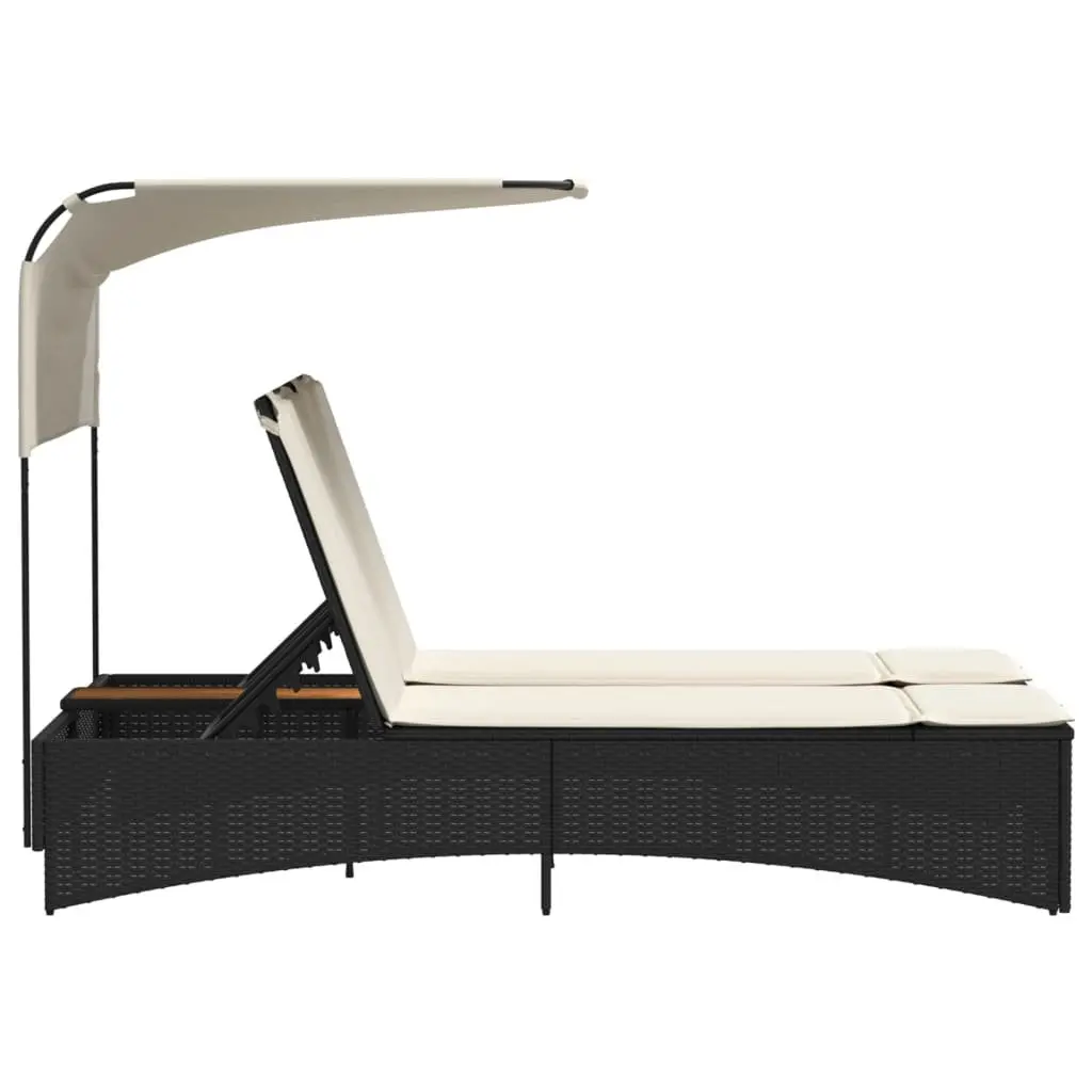 Double Sun Lounger PE Rattan Black with Canopy Cushions