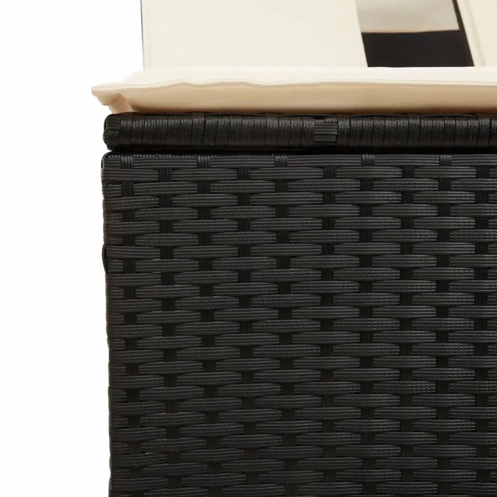 Double Sun Lounger PE Rattan Black with Canopy Cushions