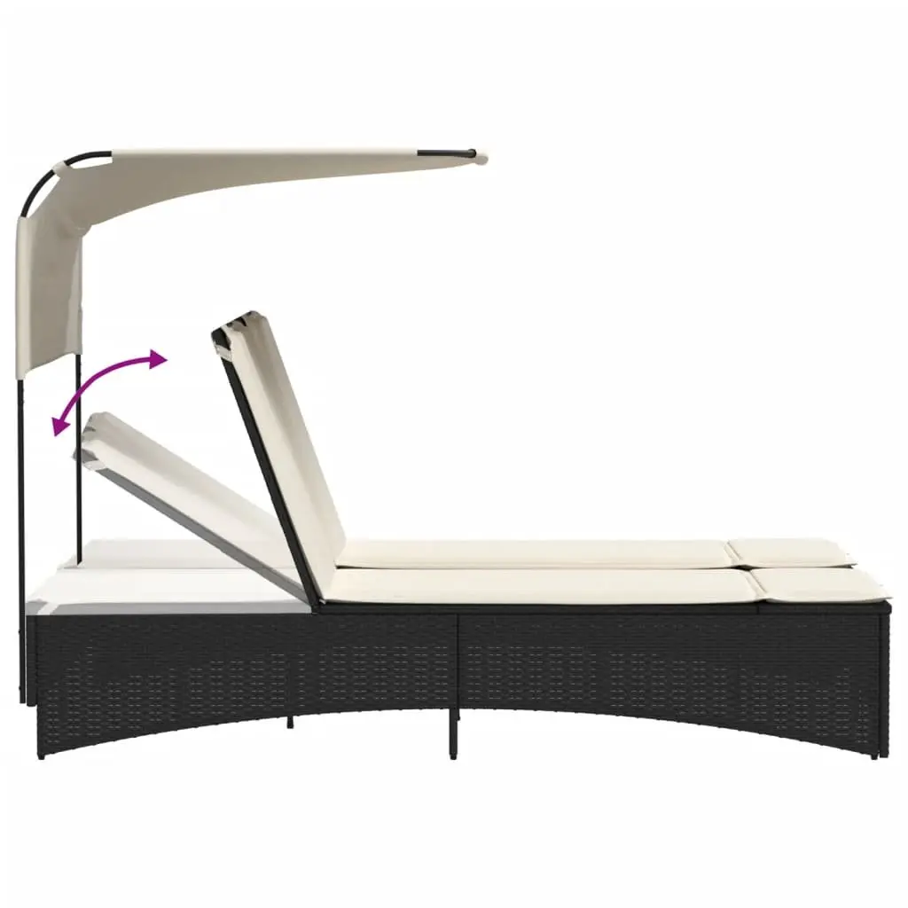 Double Sun Lounger PE Rattan Black with Canopy Cushions