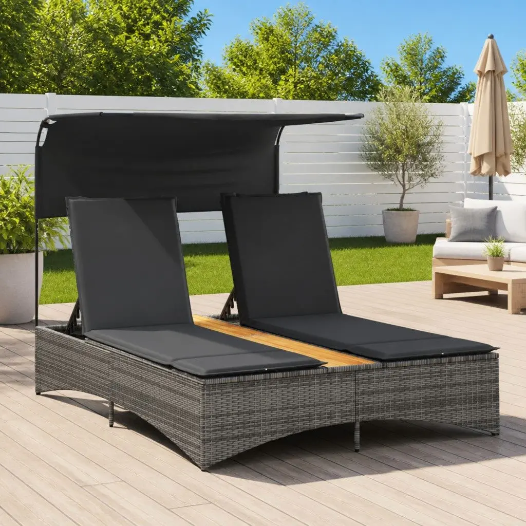 Adjustable Grey Poly Rattan Double Sun Lounger with Canopy