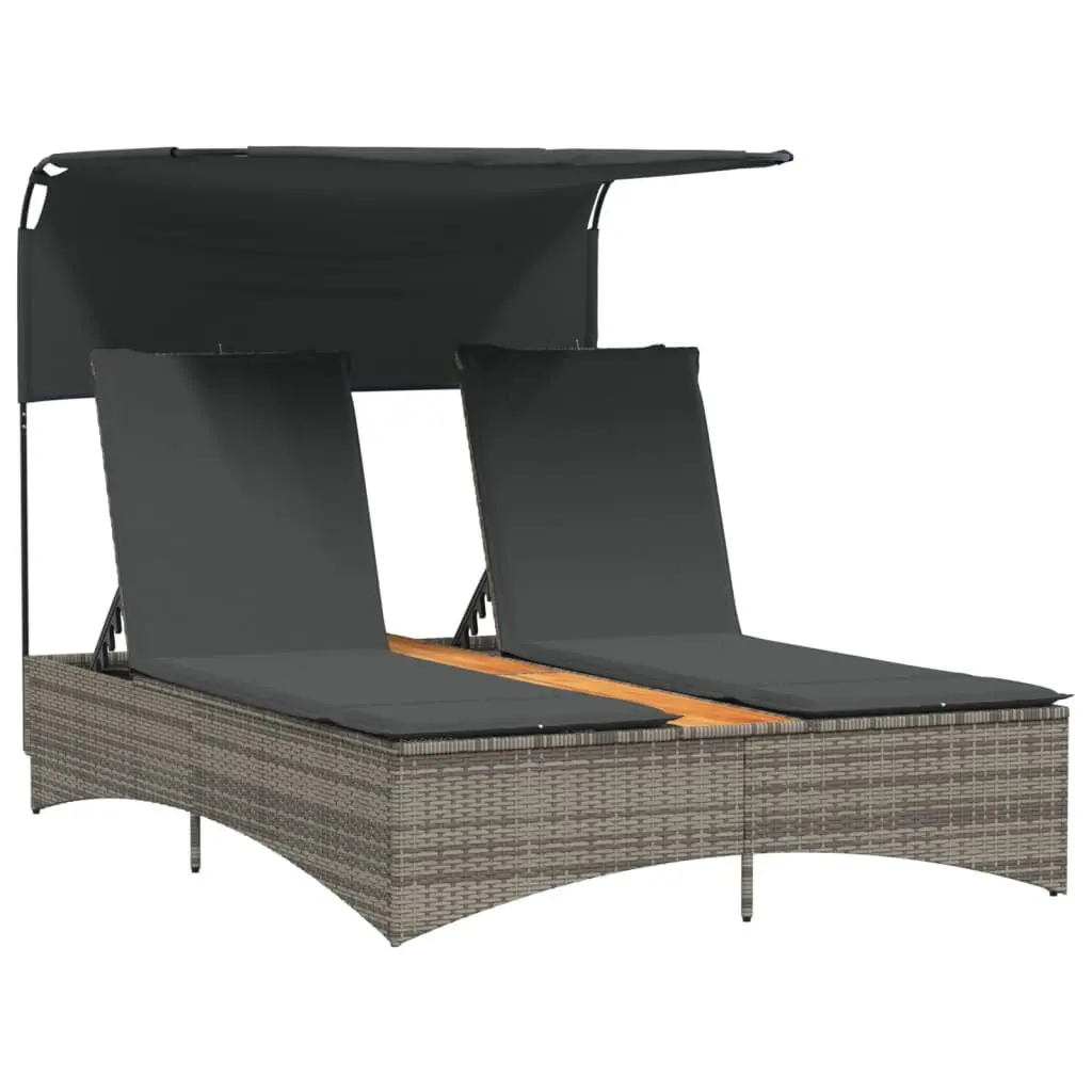 Adjustable Grey Poly Rattan Double Sun Lounger with Canopy