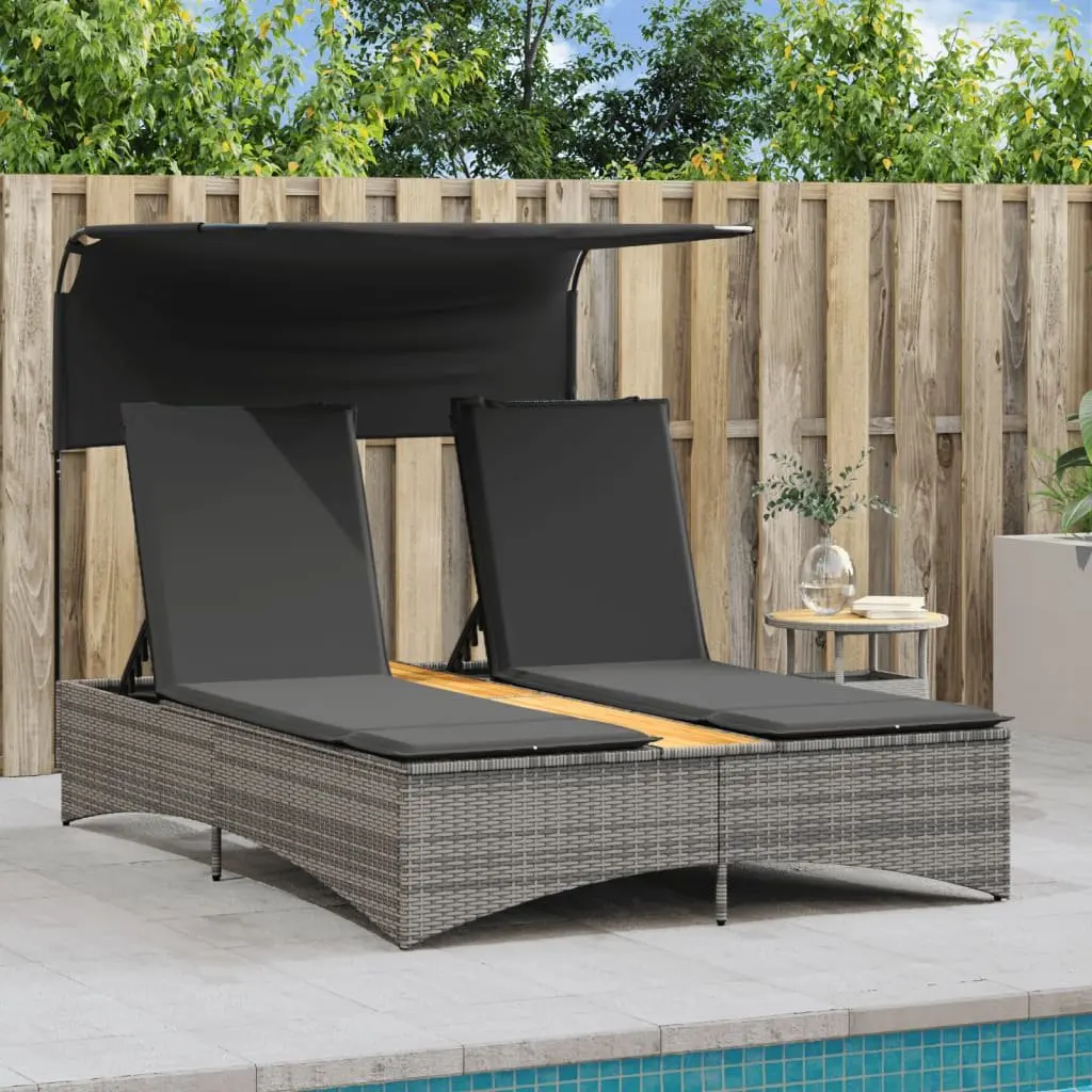 Adjustable Grey Poly Rattan Double Sun Lounger with Canopy