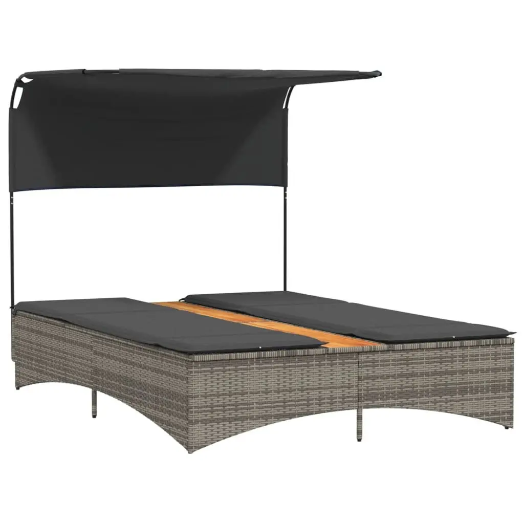 Adjustable Grey Poly Rattan Double Sun Lounger with Canopy