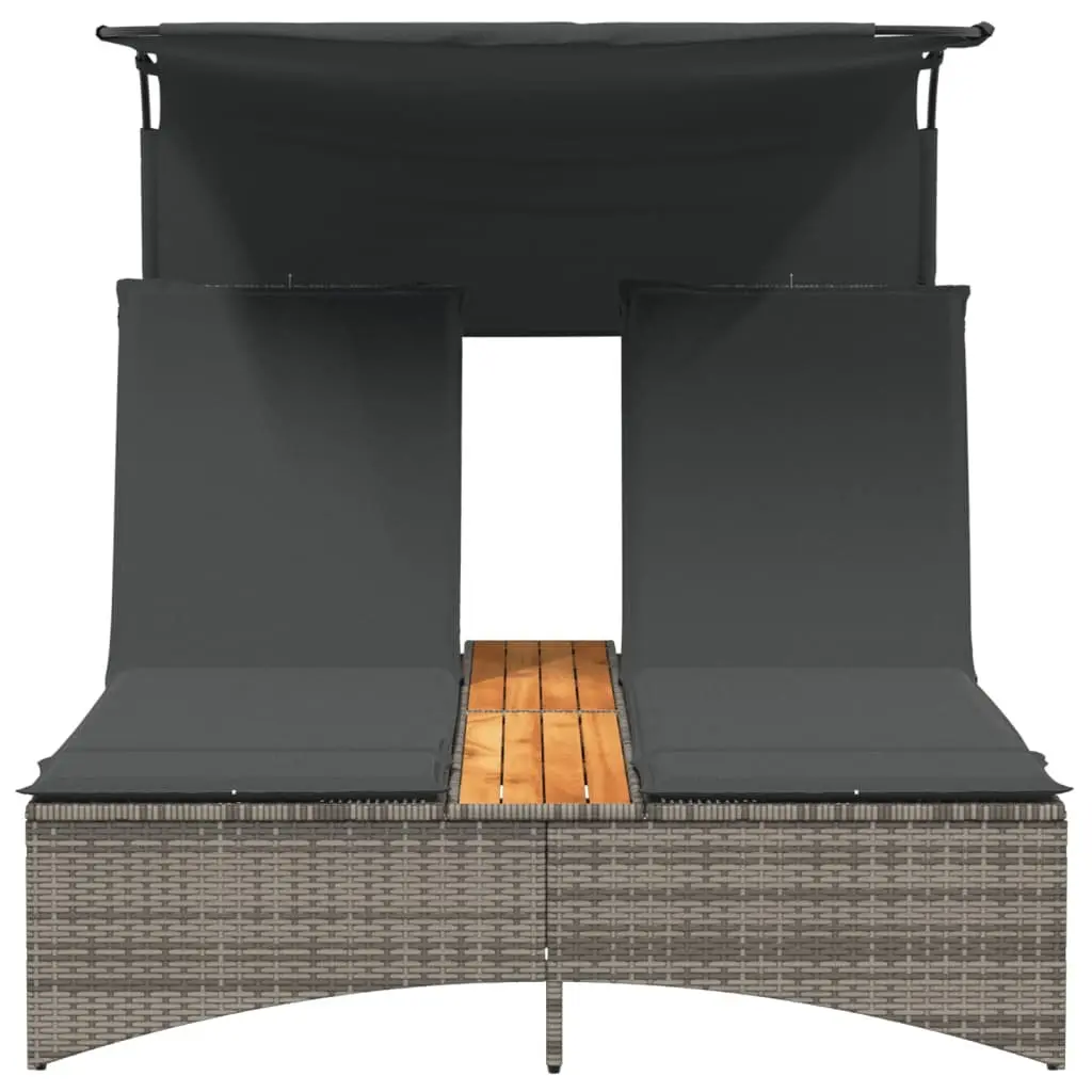 Adjustable Grey Poly Rattan Double Sun Lounger with Canopy