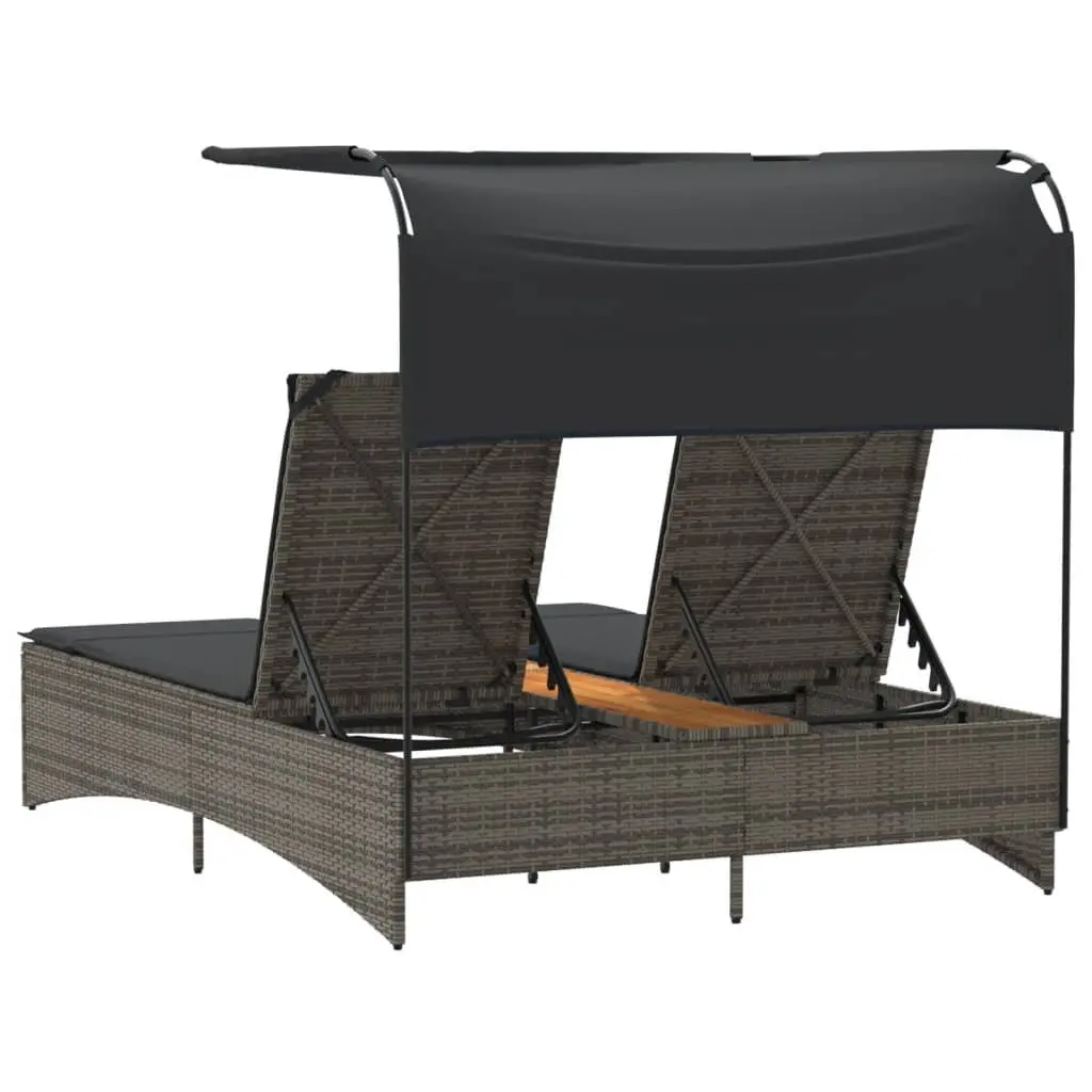 Adjustable Grey Poly Rattan Double Sun Lounger with Canopy