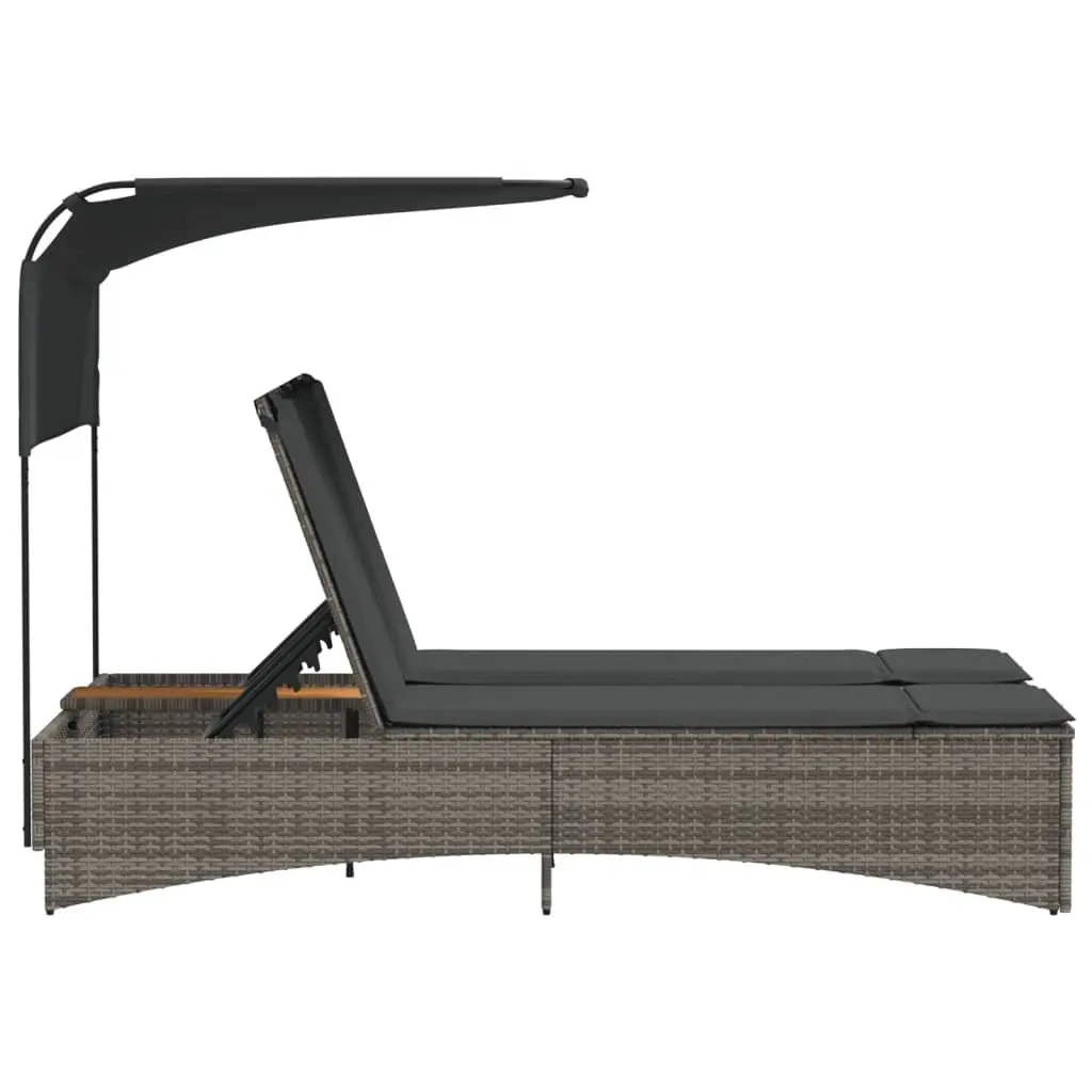 Adjustable Grey Poly Rattan Double Sun Lounger with Canopy
