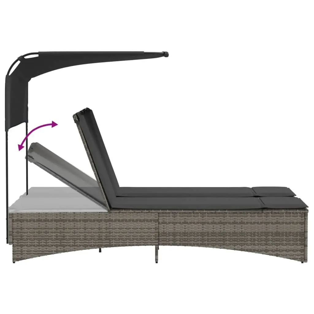 Adjustable Grey Poly Rattan Double Sun Lounger with Canopy