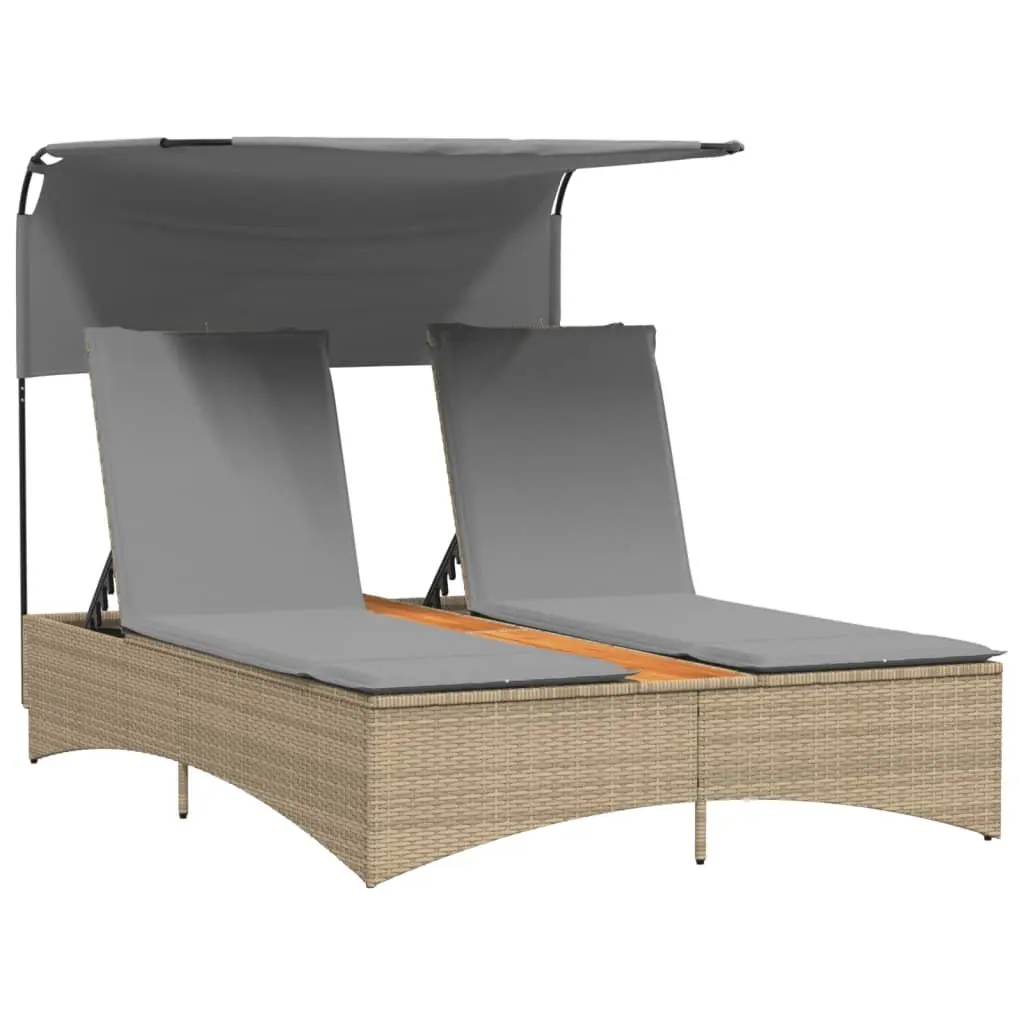 Double Sun Lounger with Adjustable Canopy in Beige