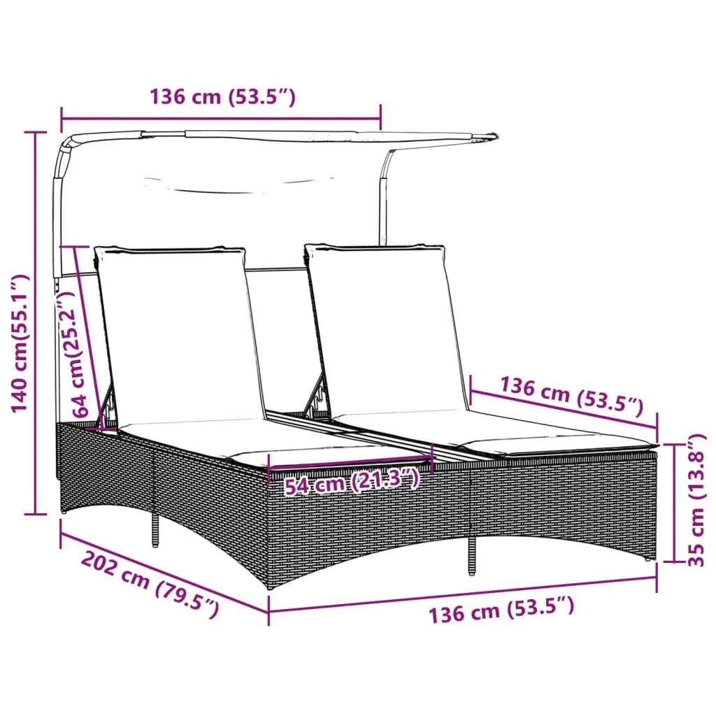 Double Sun Lounger with Adjustable Canopy in Beige