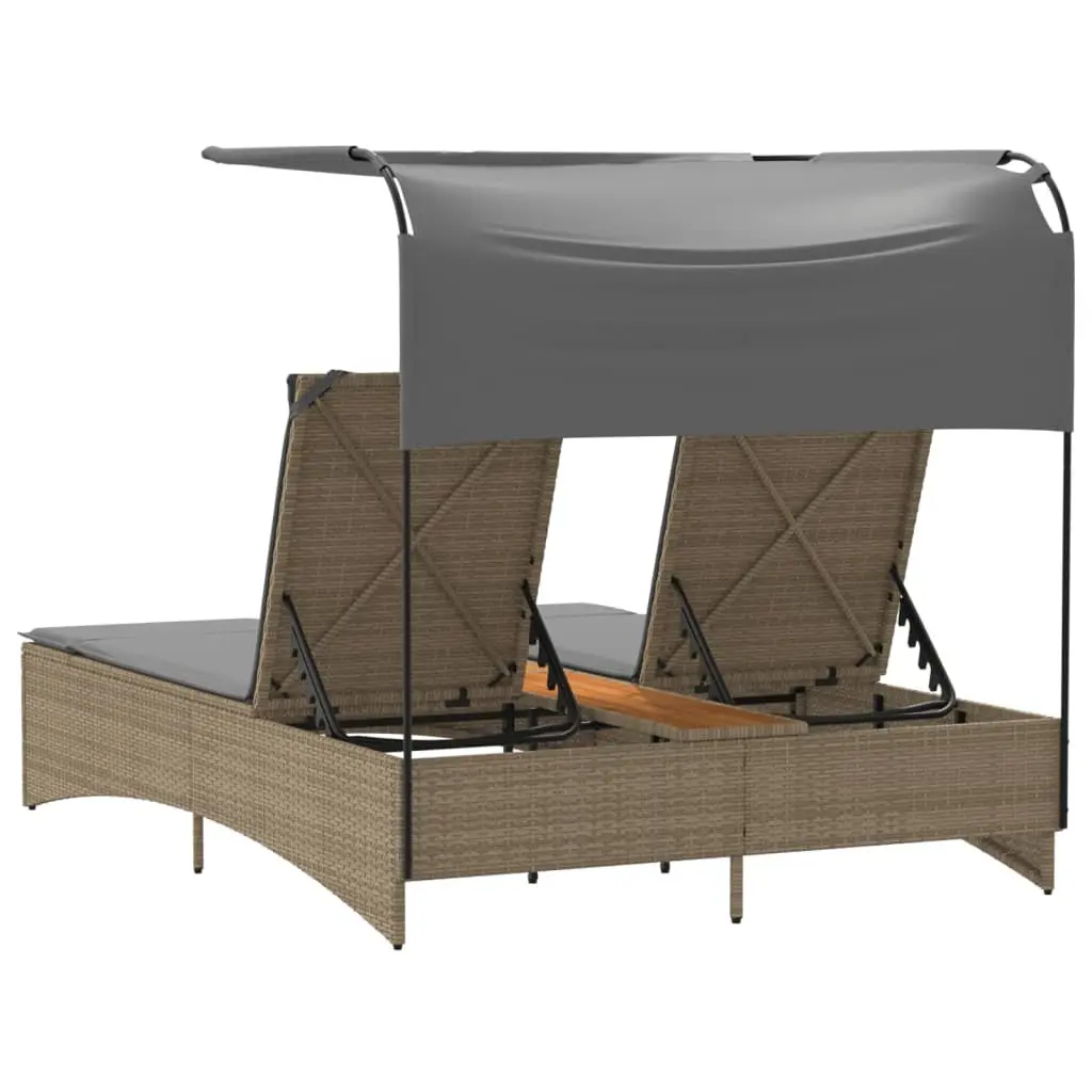 Double Sun Lounger with Adjustable Canopy in Beige
