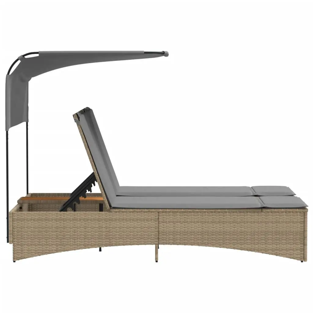 Double Sun Lounger with Adjustable Canopy in Beige