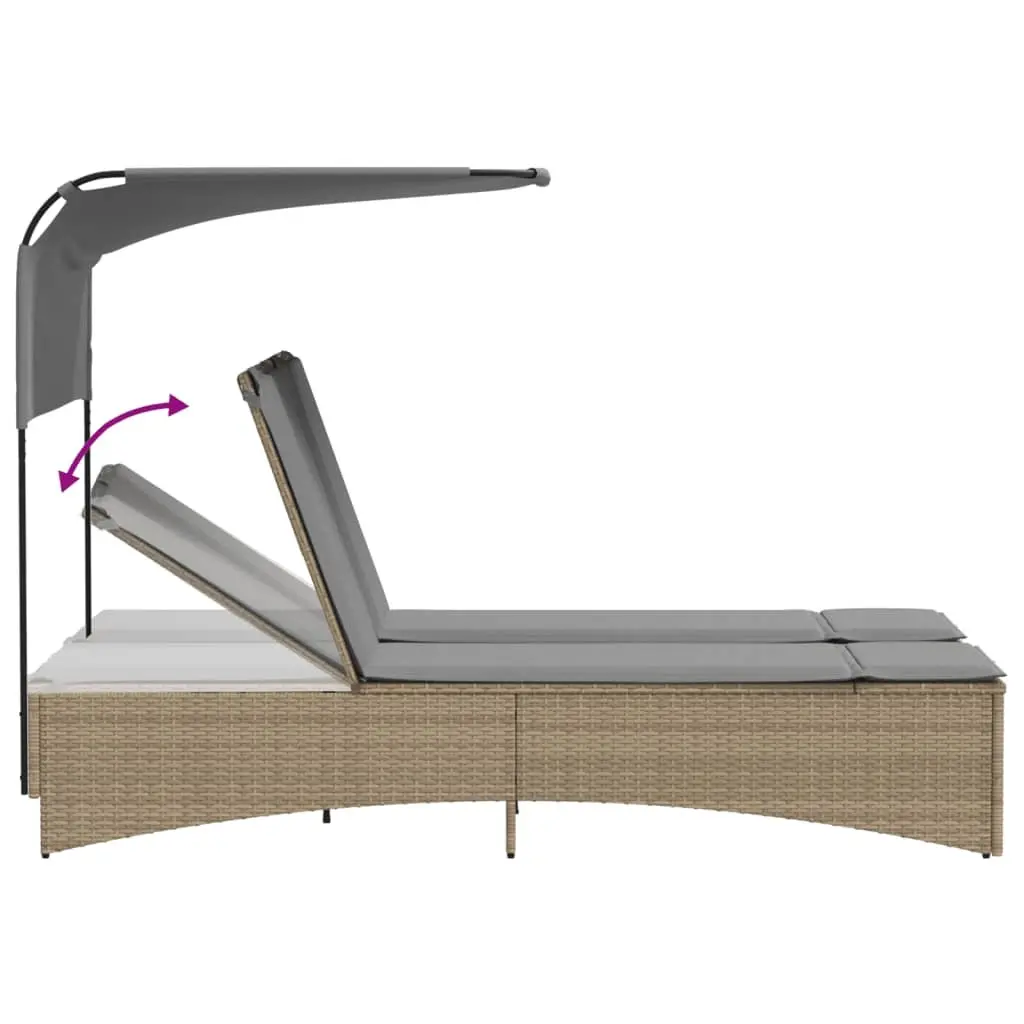Double Sun Lounger with Adjustable Canopy in Beige