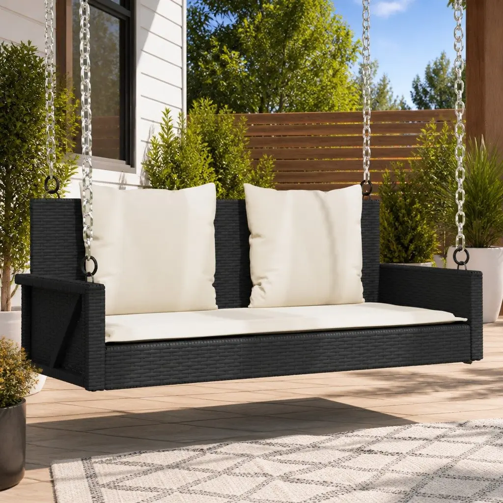 Swing Bench Poly Rattan Black Outdoor Patio Garden Seat with Cushions
