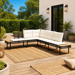 L-Shaped Garden Sofa with Cushions Outdoor Patio Seating Black Poly Rattan