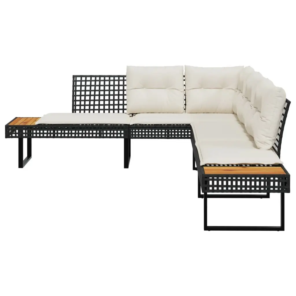 L-Shaped Garden Sofa PE Poly Rattan Black with Cushions and Side Tables