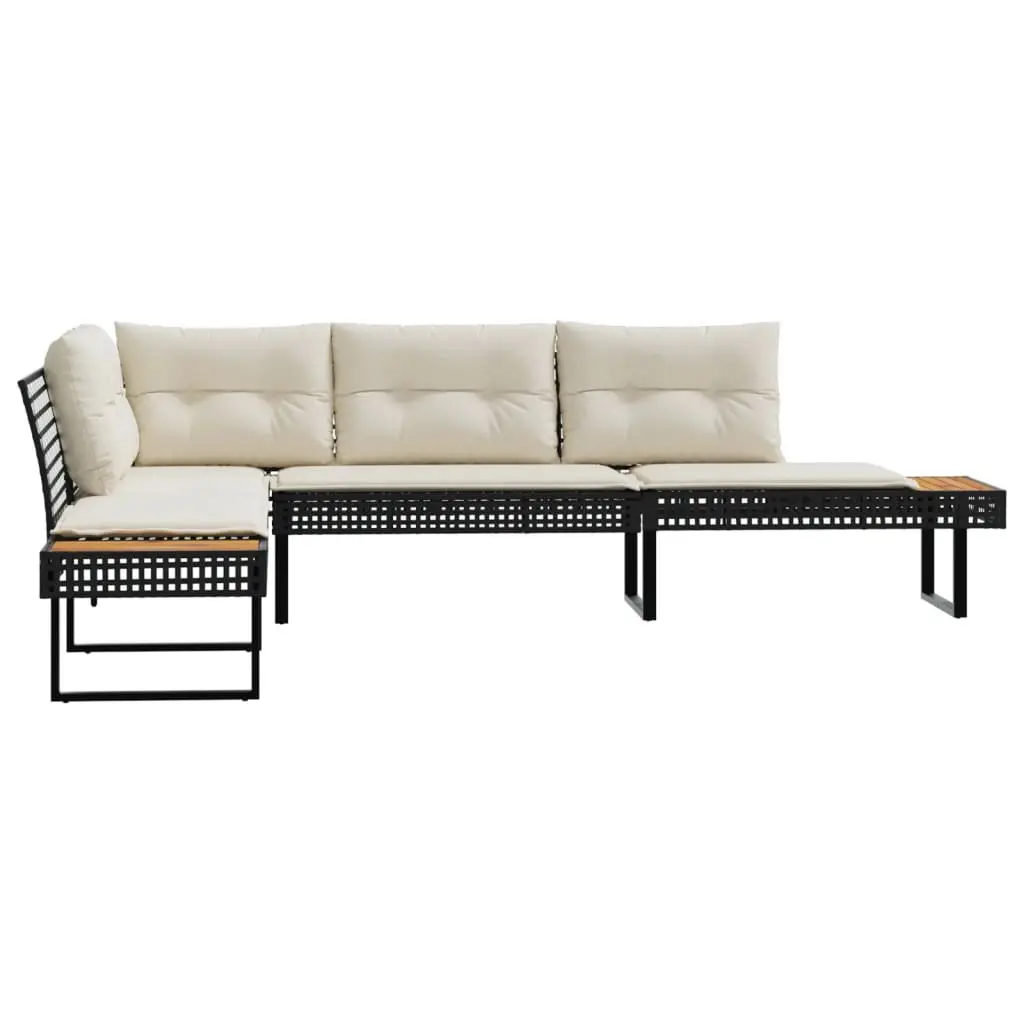 L-Shaped Garden Sofa PE Poly Rattan Black with Cushions and Side Tables