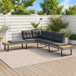 L-Shaped Garden Sofa Set Grey Poly Rattan Outdoor Seating with Cushions Side
