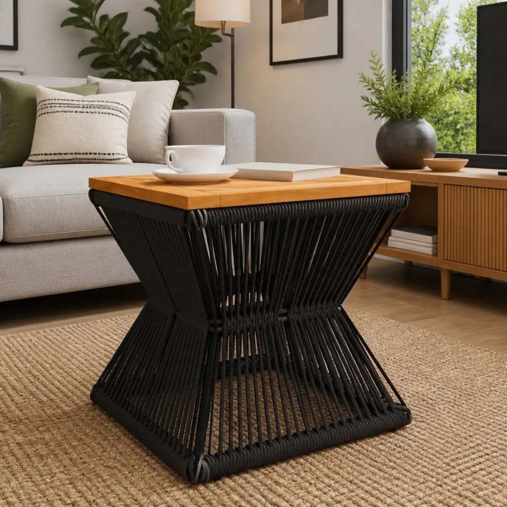 Brown Solid Wood Coffee Table with Steel Wire Base