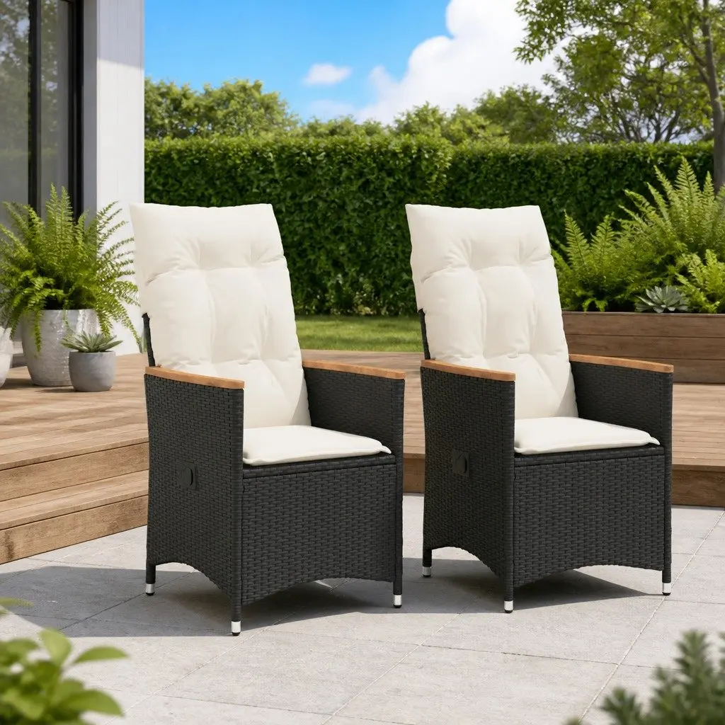 Reclining Garden Chairs PE Rattan Adjustable Backrest Cushions Black 2 Piece