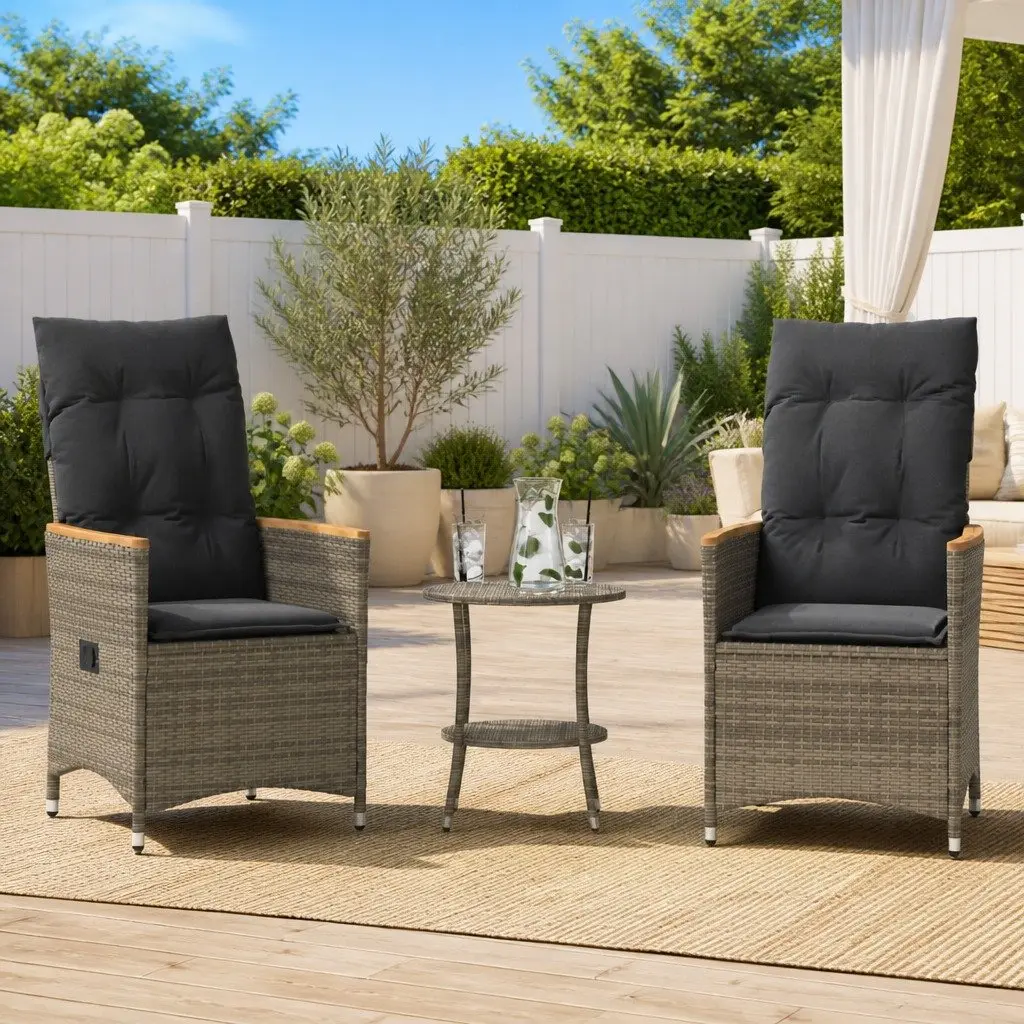 3 Piece Bistro Set PE Rattan Grey Adjustable Backrest