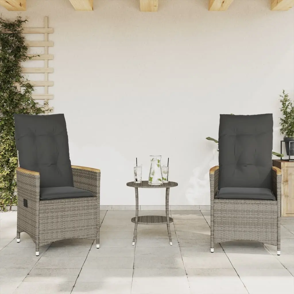 3 Piece Bistro Set PE Rattan Grey Adjustable Backrest