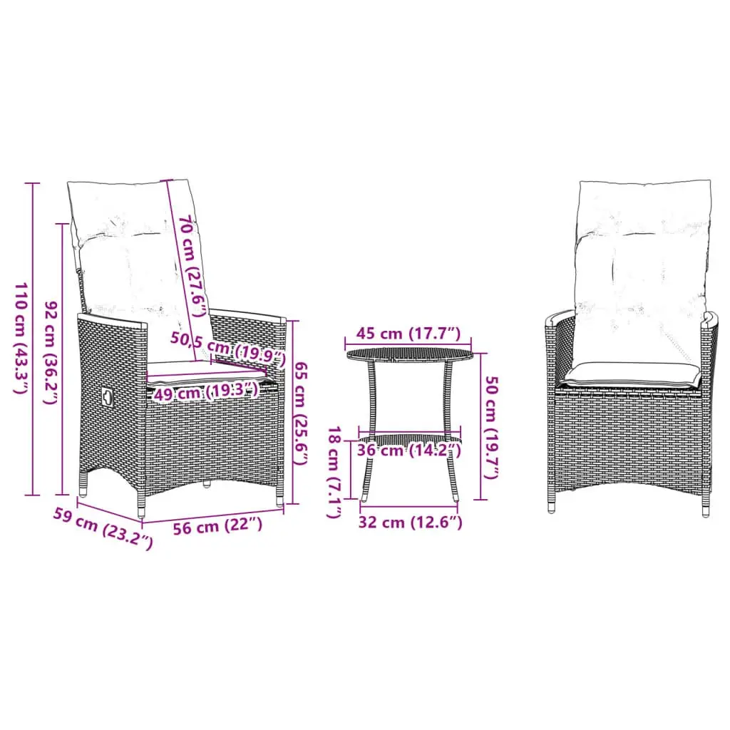 3 Piece Bistro Set PE Rattan Grey Adjustable Backrest
