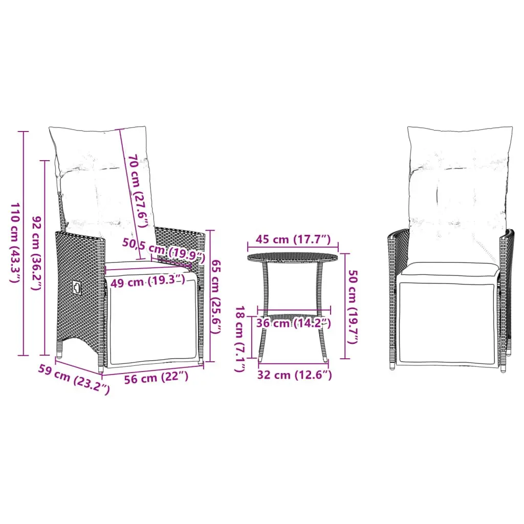 Bistro Set PE Rattan Black 3 Piece Outdoor Garden Patio Furniture
