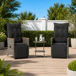 3-Piece Grey Poly Rattan Outdoor Bistro Set with Cushions