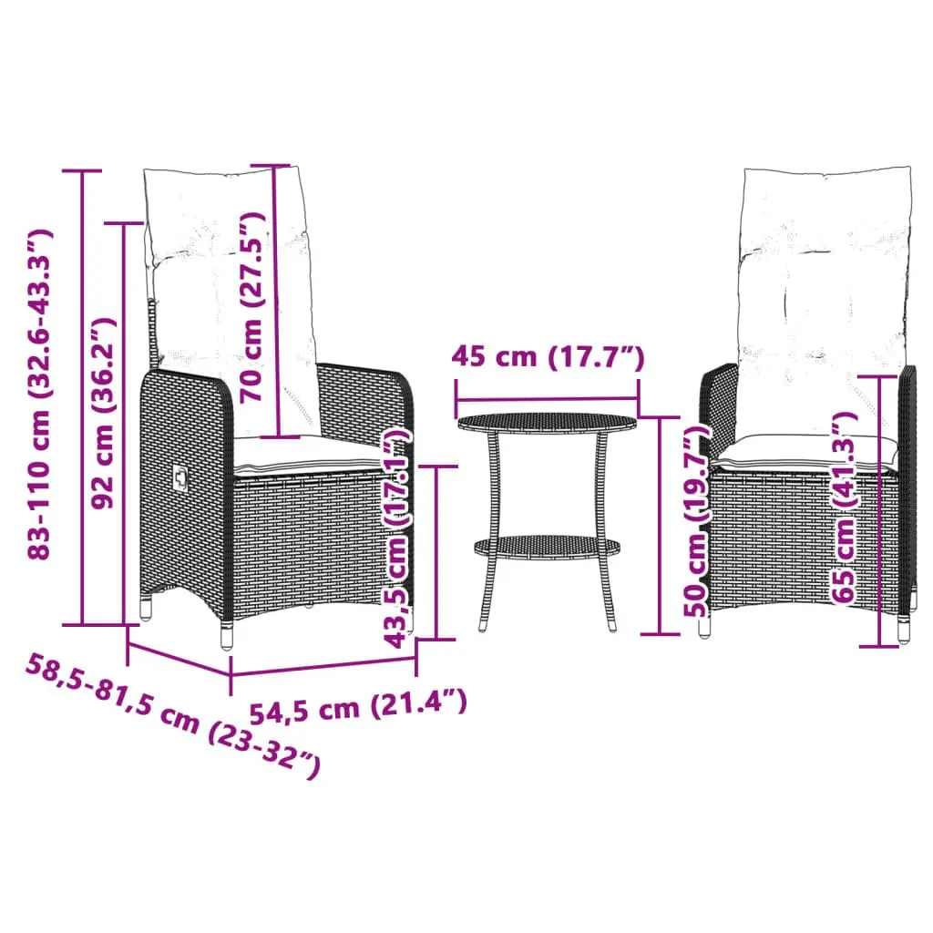 Reclining Garden Chairs Set PE Poly Rattan Adjustable Backrest Padded Seating Grey 2 Piece