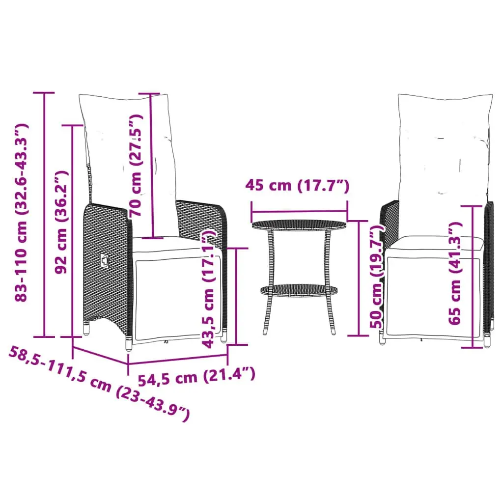 Reclining Garden Chairs Set PE Rattan Black 2 Piece Outdoor Furniture