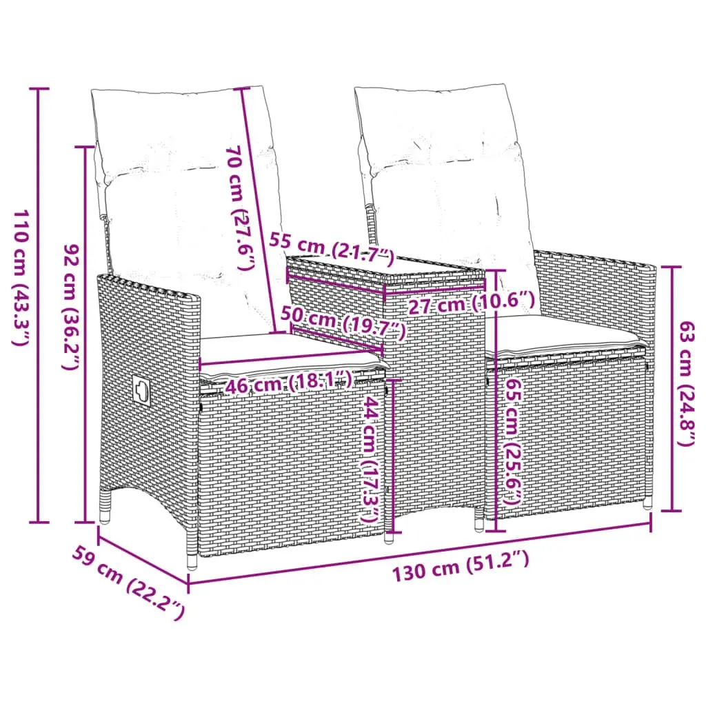2-Seater Outdoor Reclining Garden Sofa with Table