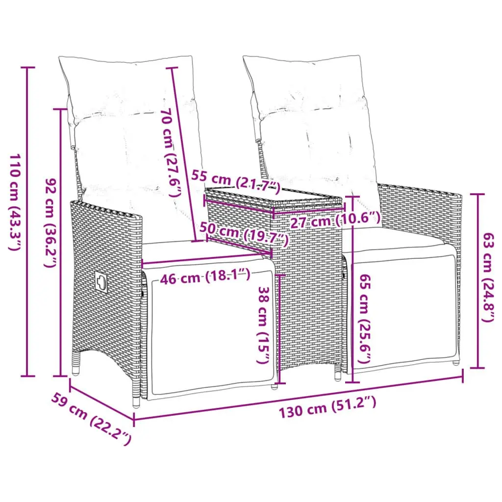 Black Reclining Garden Sofa 2-Seater with Table