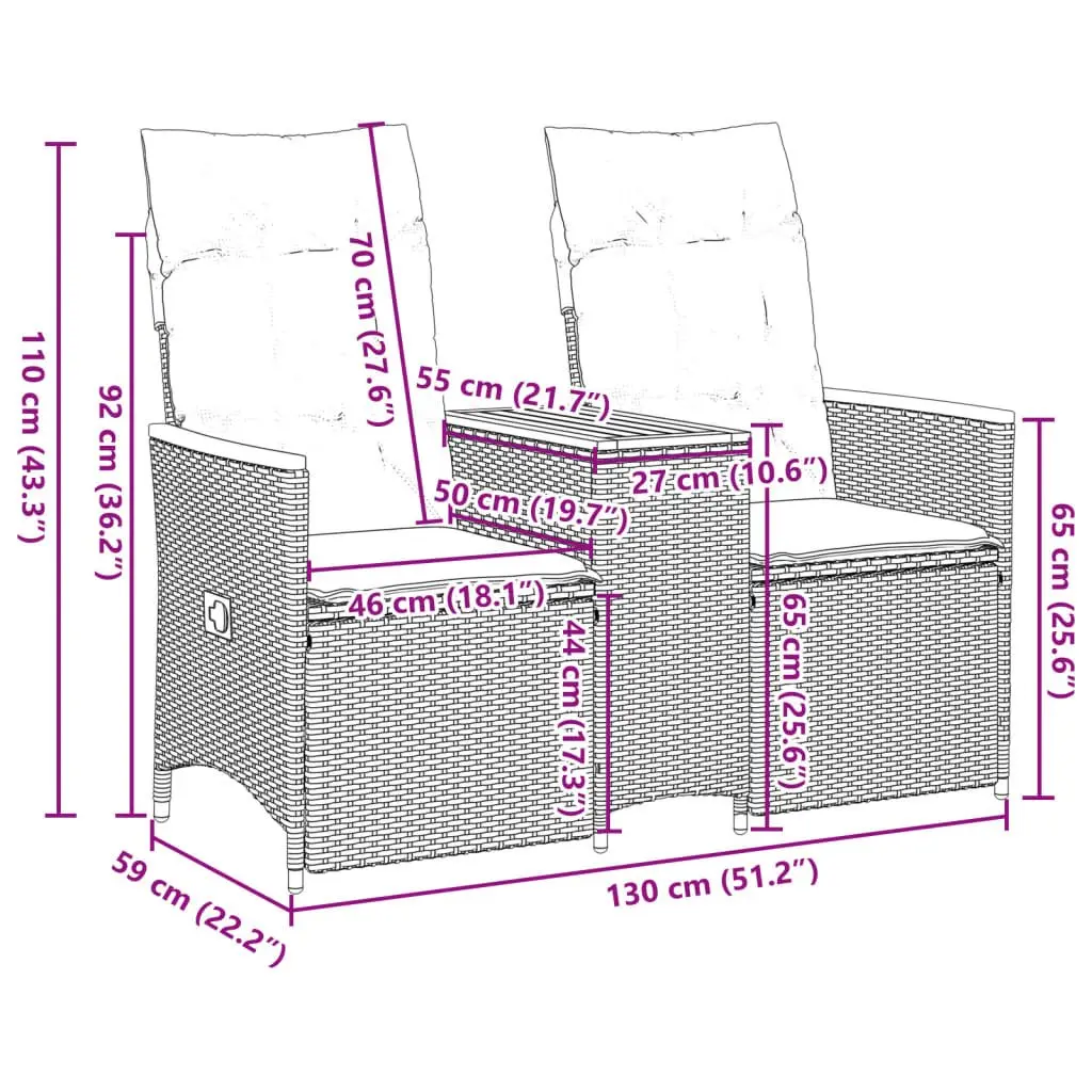 Grey Poly Rattan 2-Seater Reclining Sofa