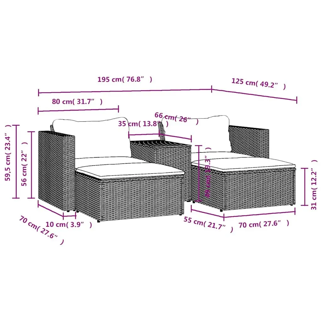 5 Piece Garden Sofa Set in Grey with Wood Table