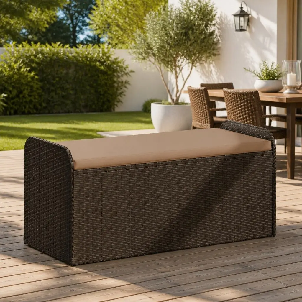 Outdoor Storage Bench with Cushion Brown Poly Rattan Garden Seating Furniture