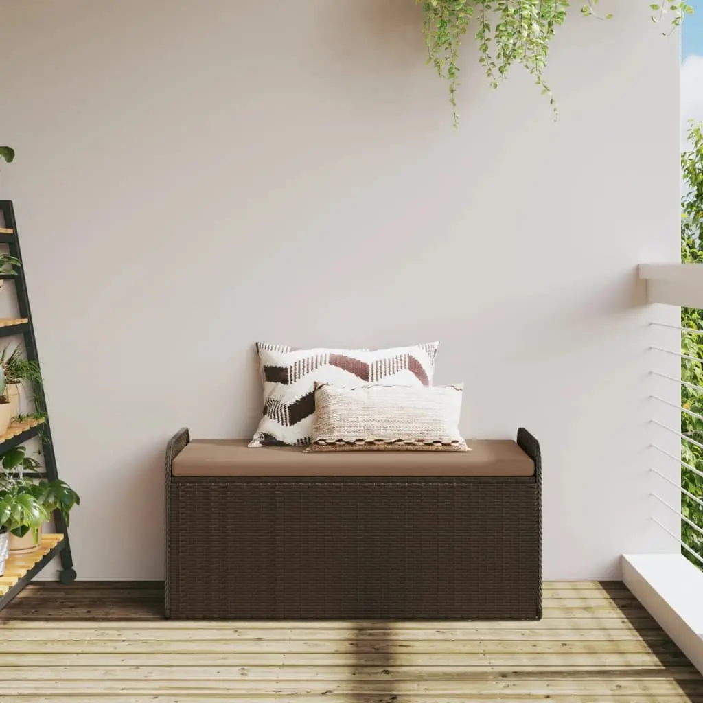 Outdoor Storage Bench with Cushion Brown Poly Rattan Garden Seating Furniture