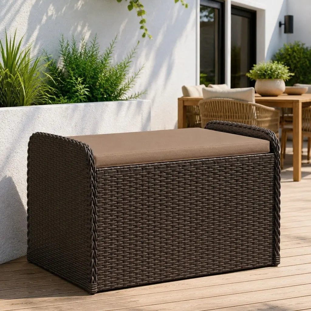 Outdoor Storage Bench with Cushion in Brown
