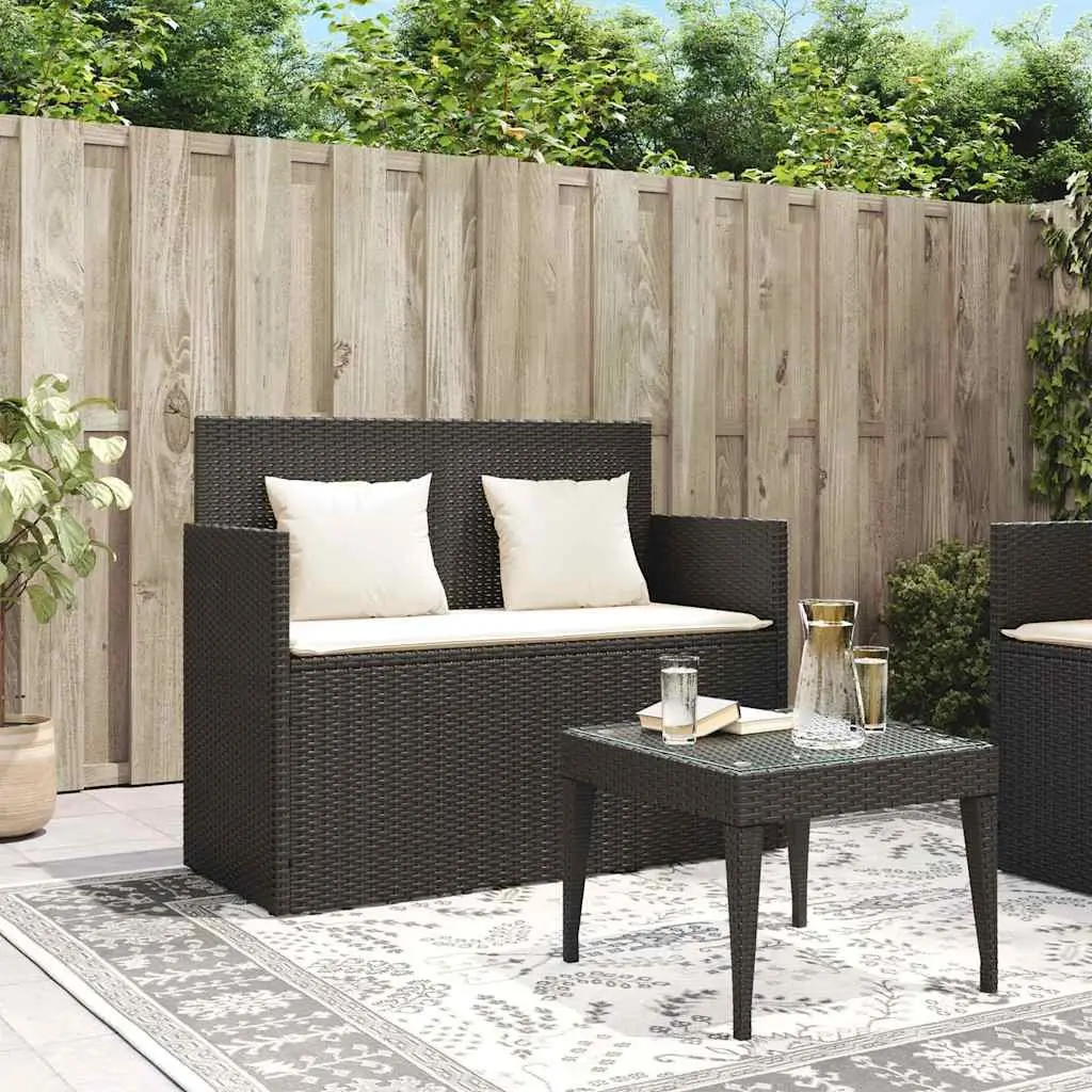 Garden Bench PE Rattan Black with Storage Cushion Seat
