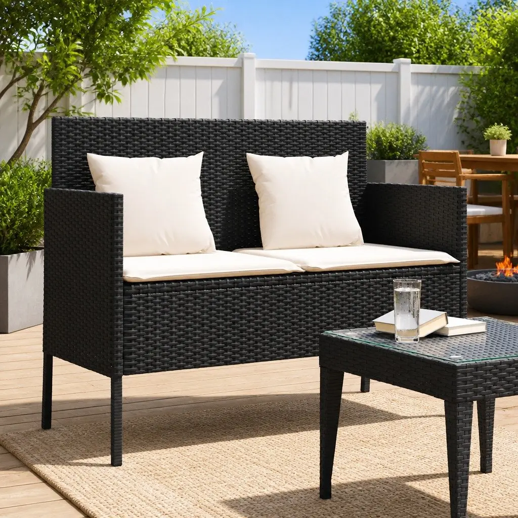 Black Poly Rattan Garden Bench with Storage